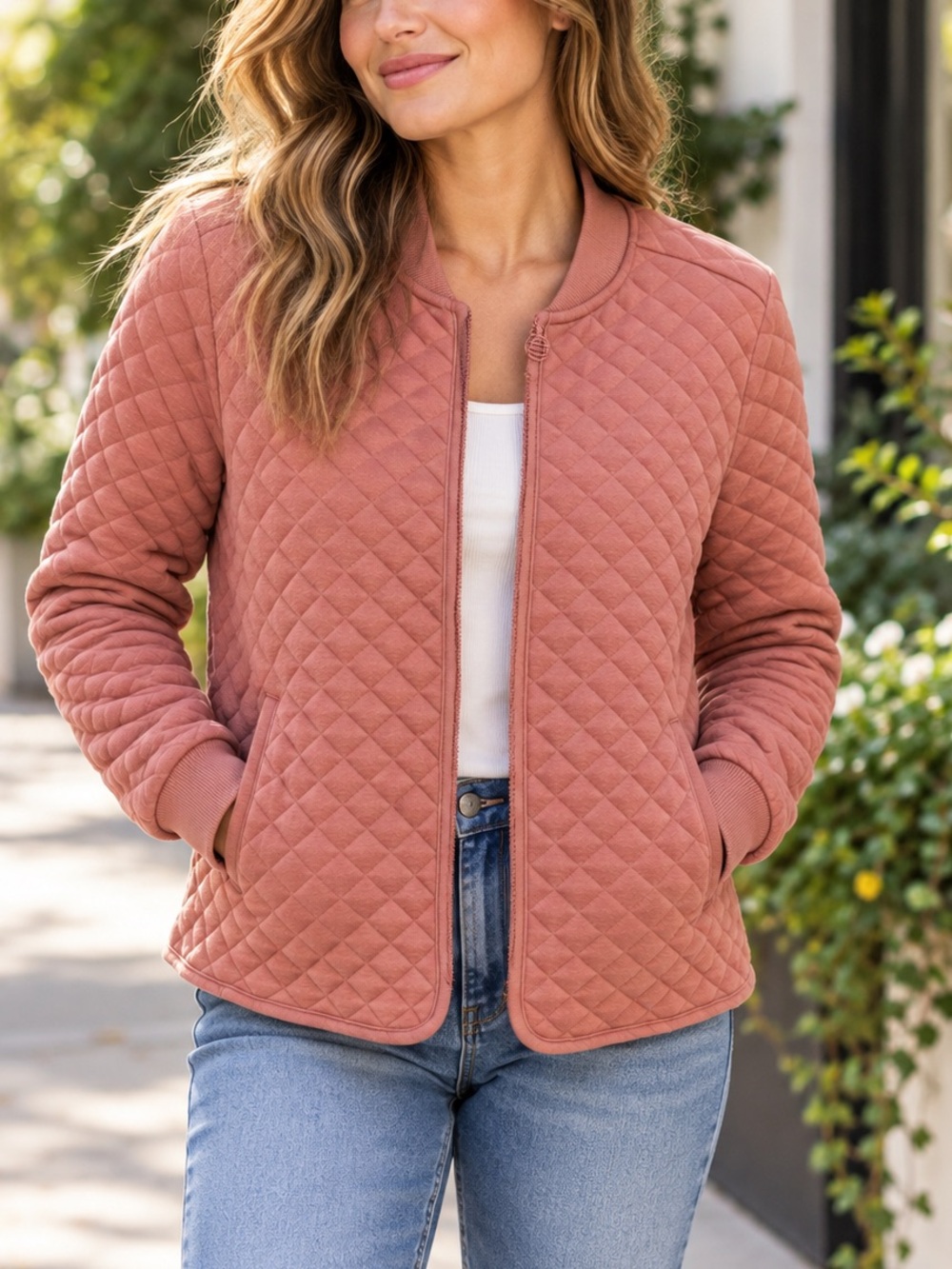 Marine Layer Quilted Bomber Jacket Women’s Dusty Rose Full Zip Casual Coat Large